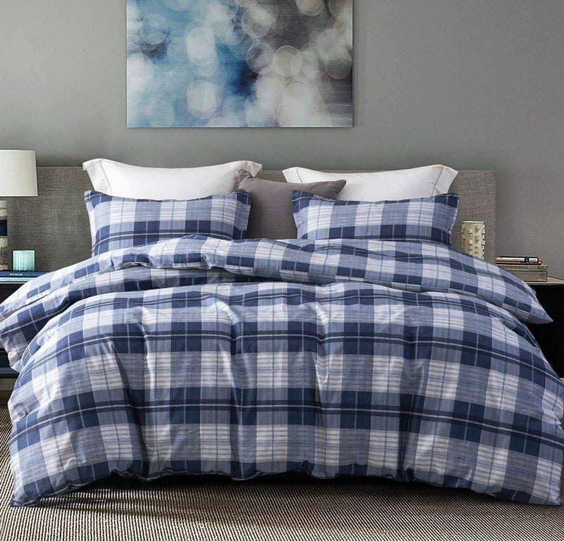 SLEEPBELLA Comforter Queen Size, 600 Thread Count Cotton Navy Blue & Grey Buffalo Pattern Blue Plaid Comforter Sets,Down Alternative Bedding Set 3Pcs (Queen, Navy Plaid) - Image 5